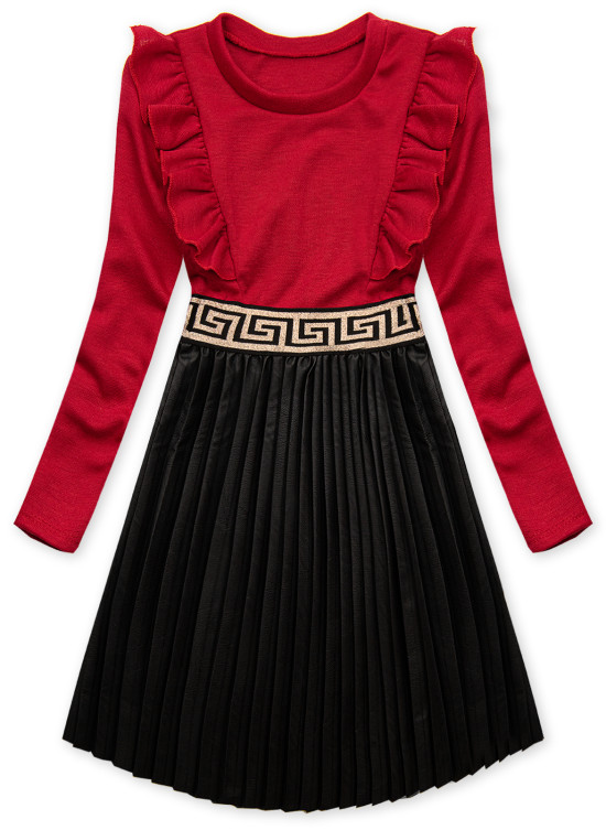 Red dress with leather pleated skirt