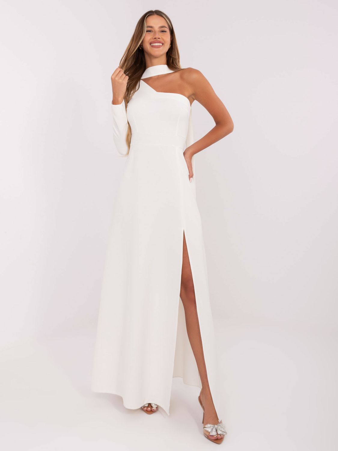 Ecru One-Shoulder Maxi Evening Dress