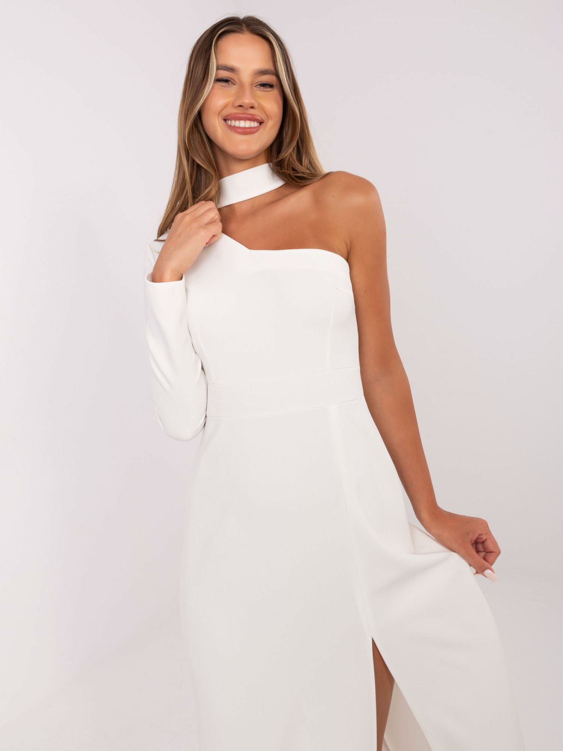 Ecru One-Shoulder Maxi Evening Dress