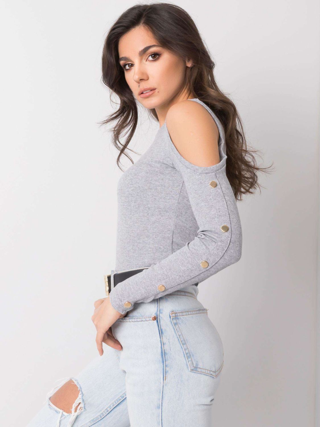 Gray Blouse with Cutouts