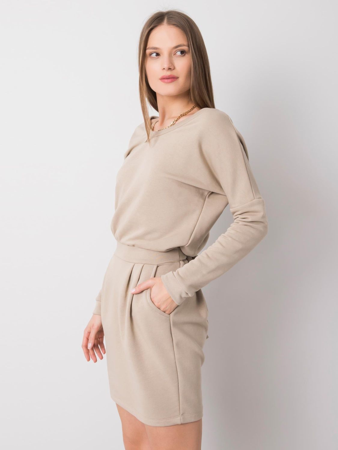 Beige Simple Dress with Long Sleeves
