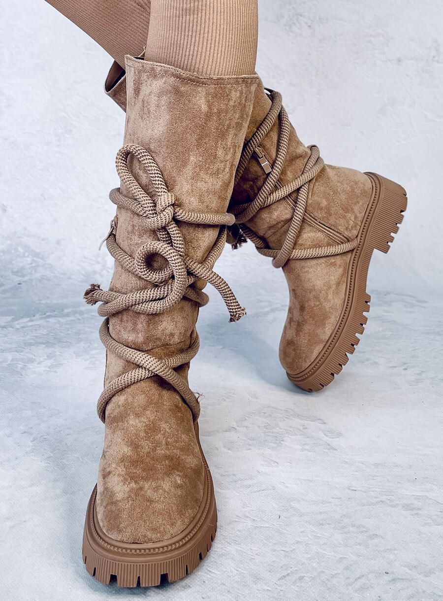 Beige suede boots with laces