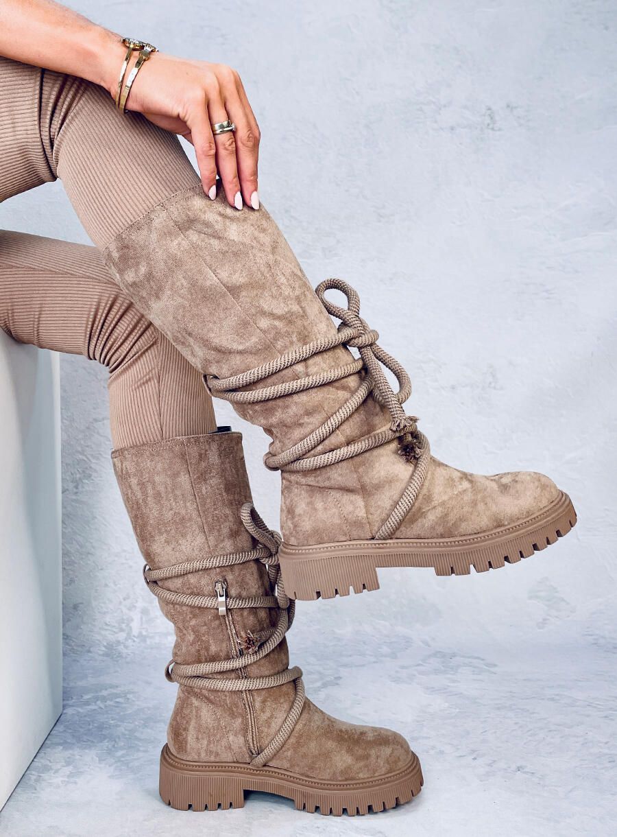 Beige suede boots with laces