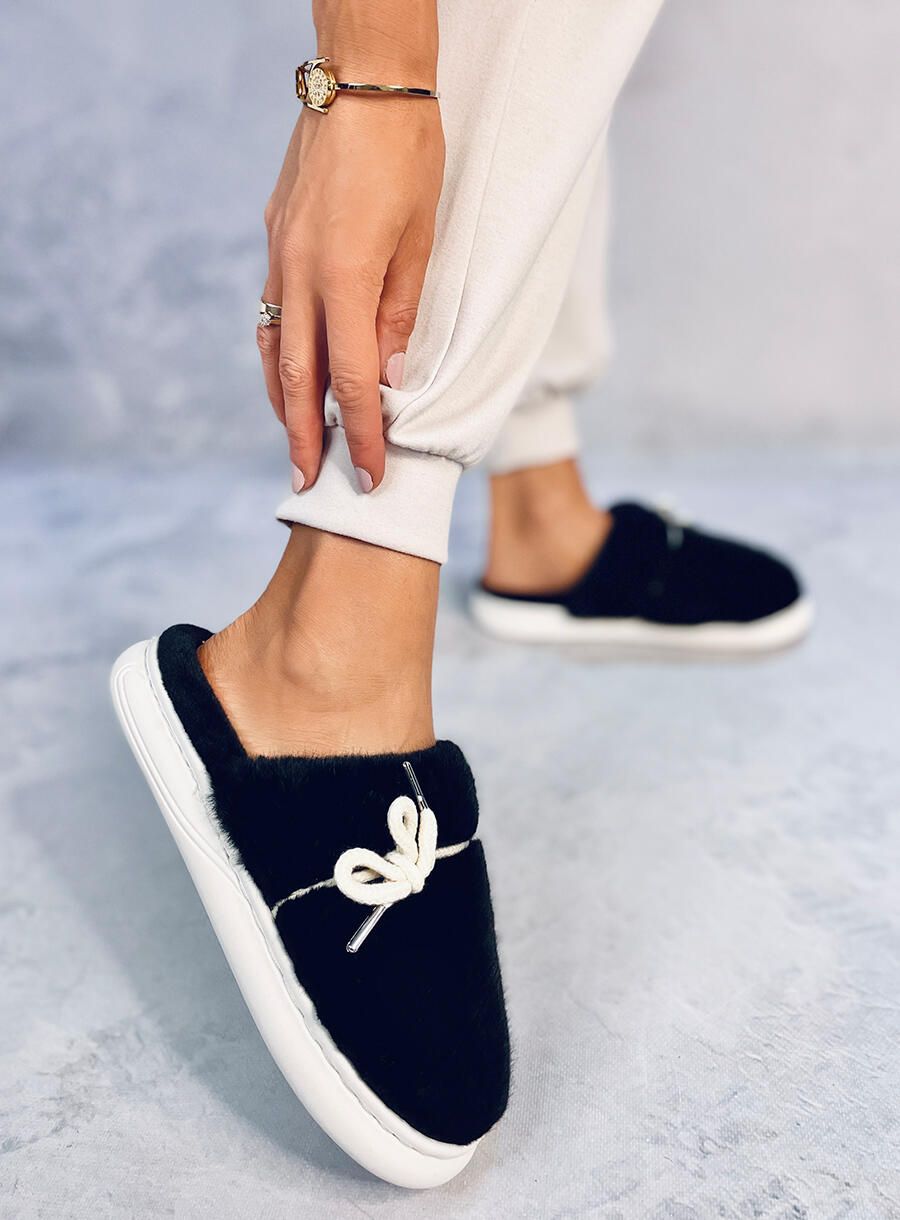 Black fur slippers