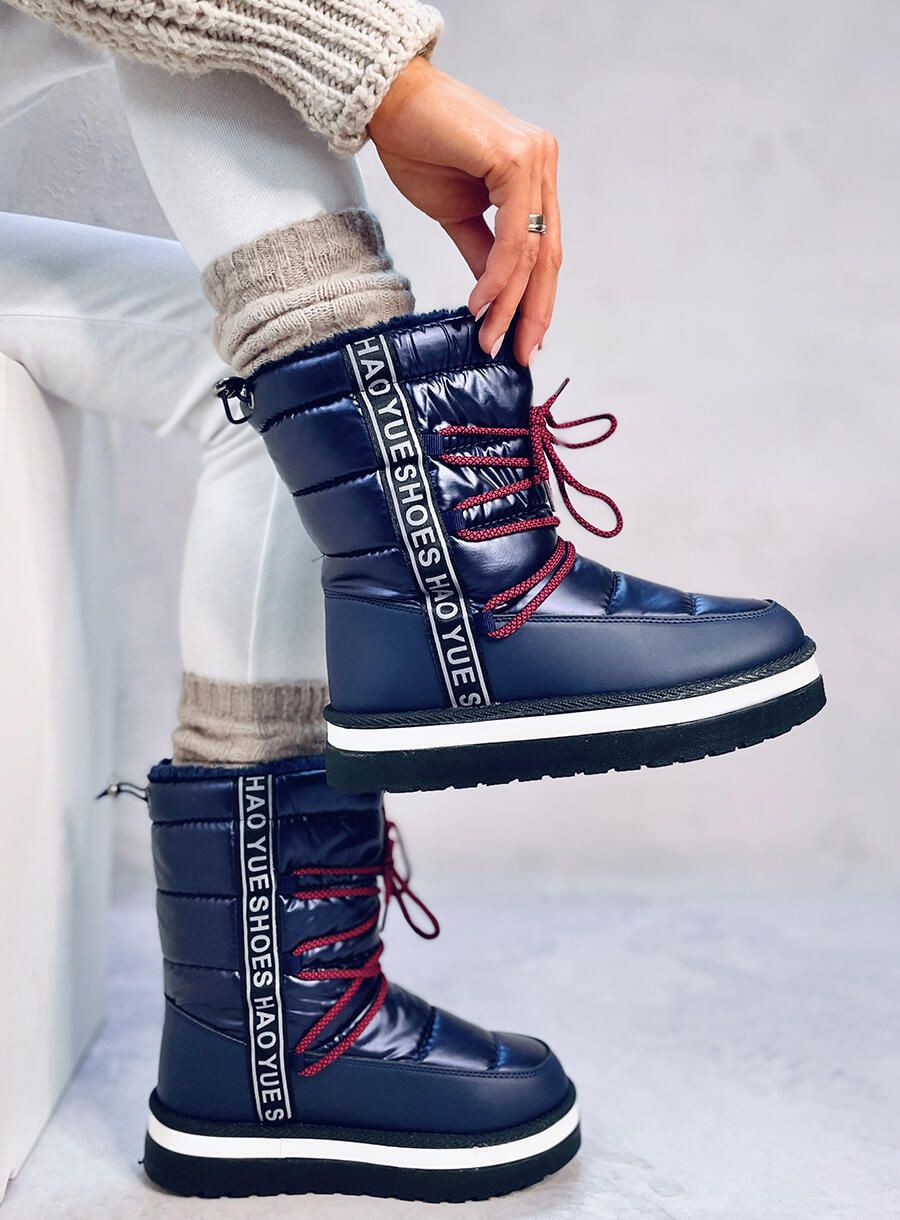 Winter snow boots with lacing dark blue
