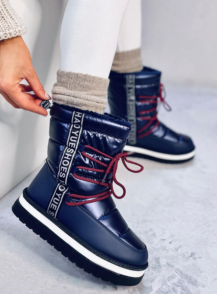 Winter snow boots with lacing dark blue