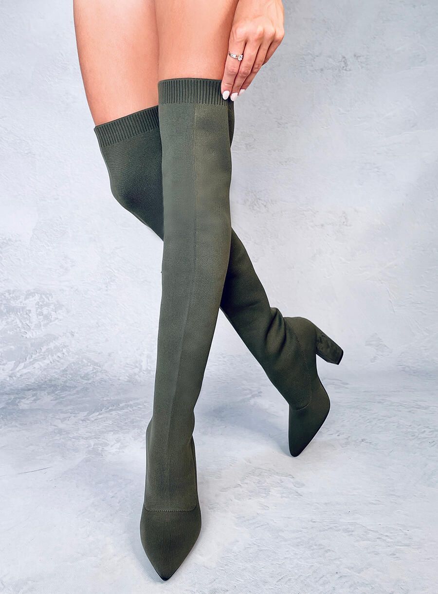 Green high boots with an elastic upper