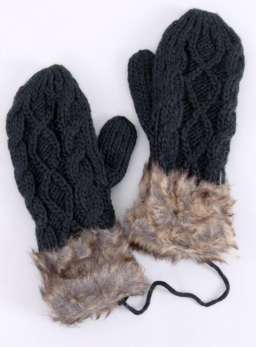 Black mittens with knitted pattern