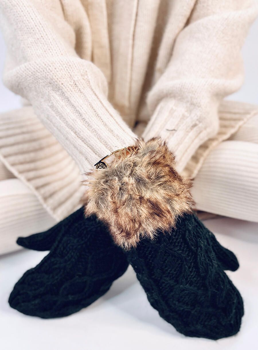 Black mittens with knitted pattern