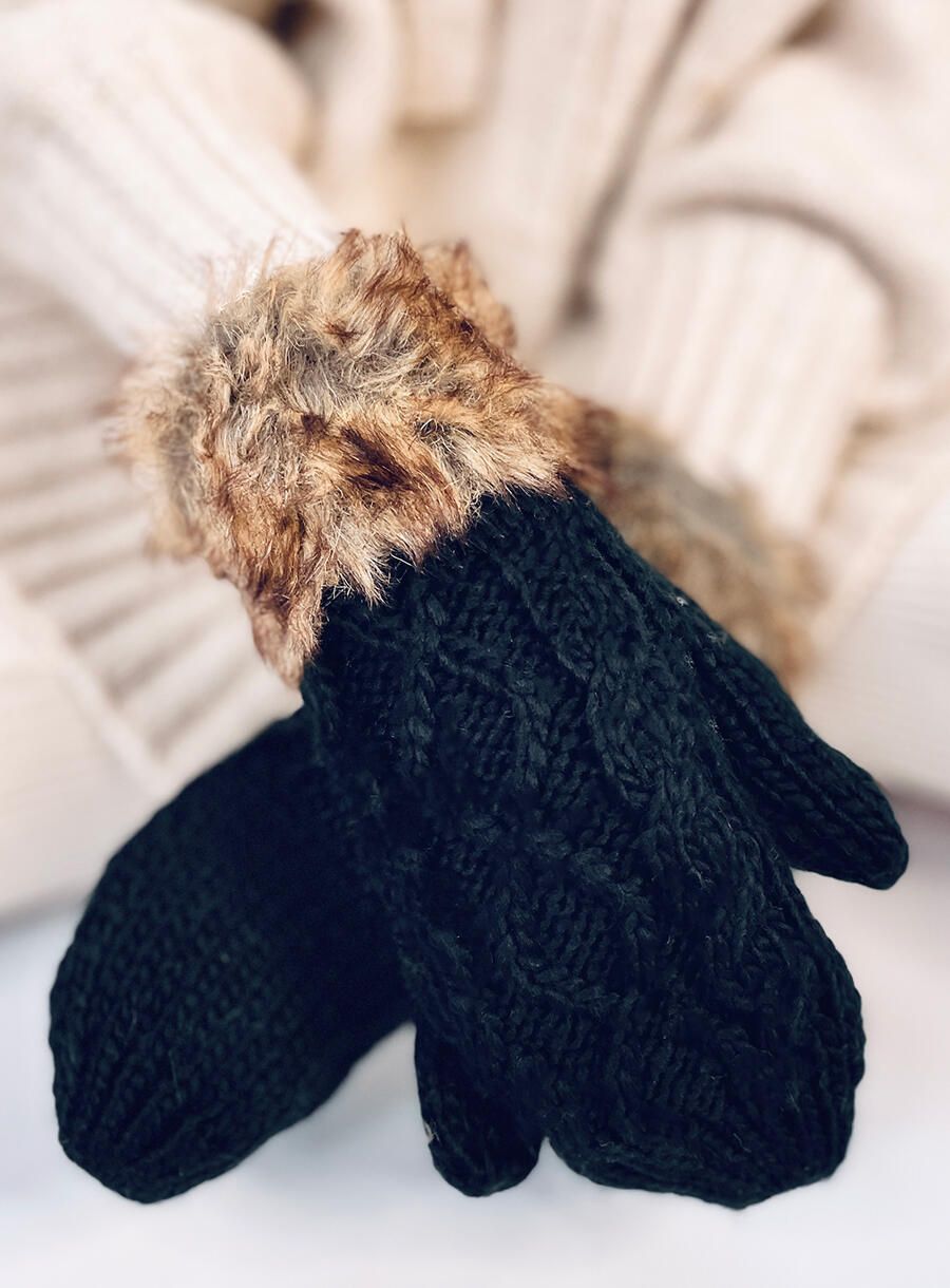 Black mittens with knitted pattern