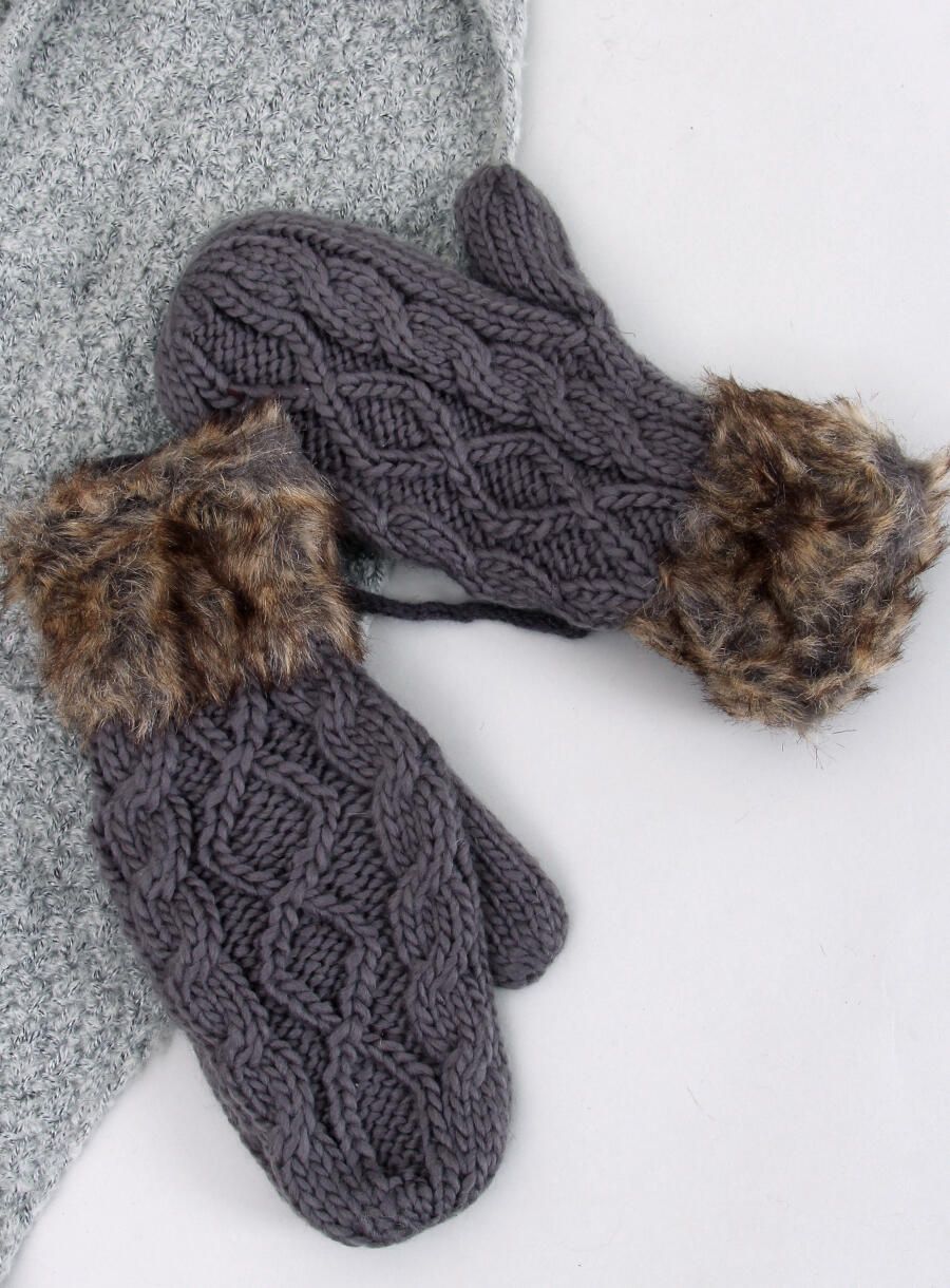 Dark grey mittens with knitted pattern