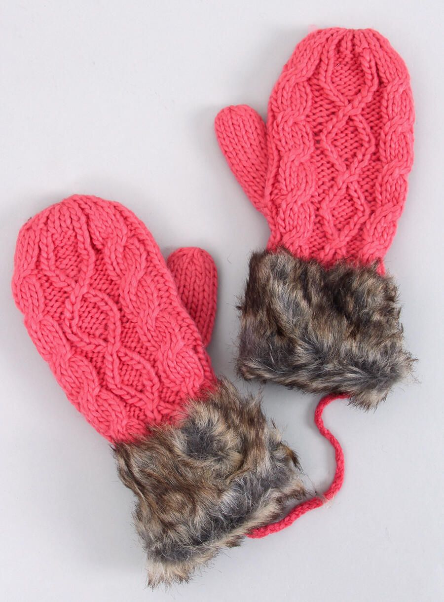 Raspberry mittens with knitted pattern