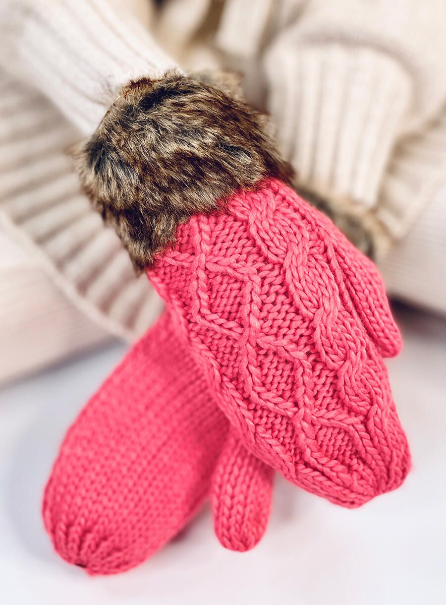 Raspberry mittens with knitted pattern
