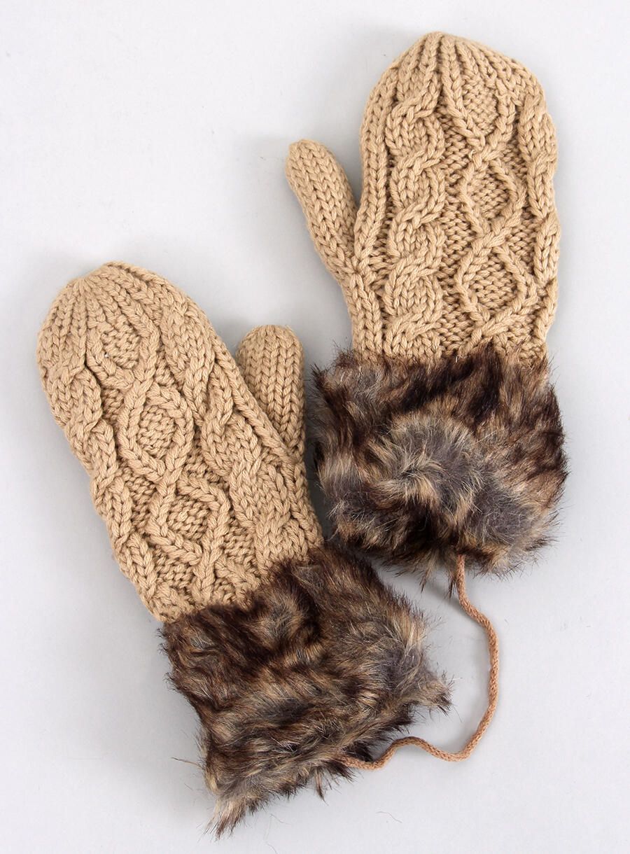 Beige mittens with knitted pattern