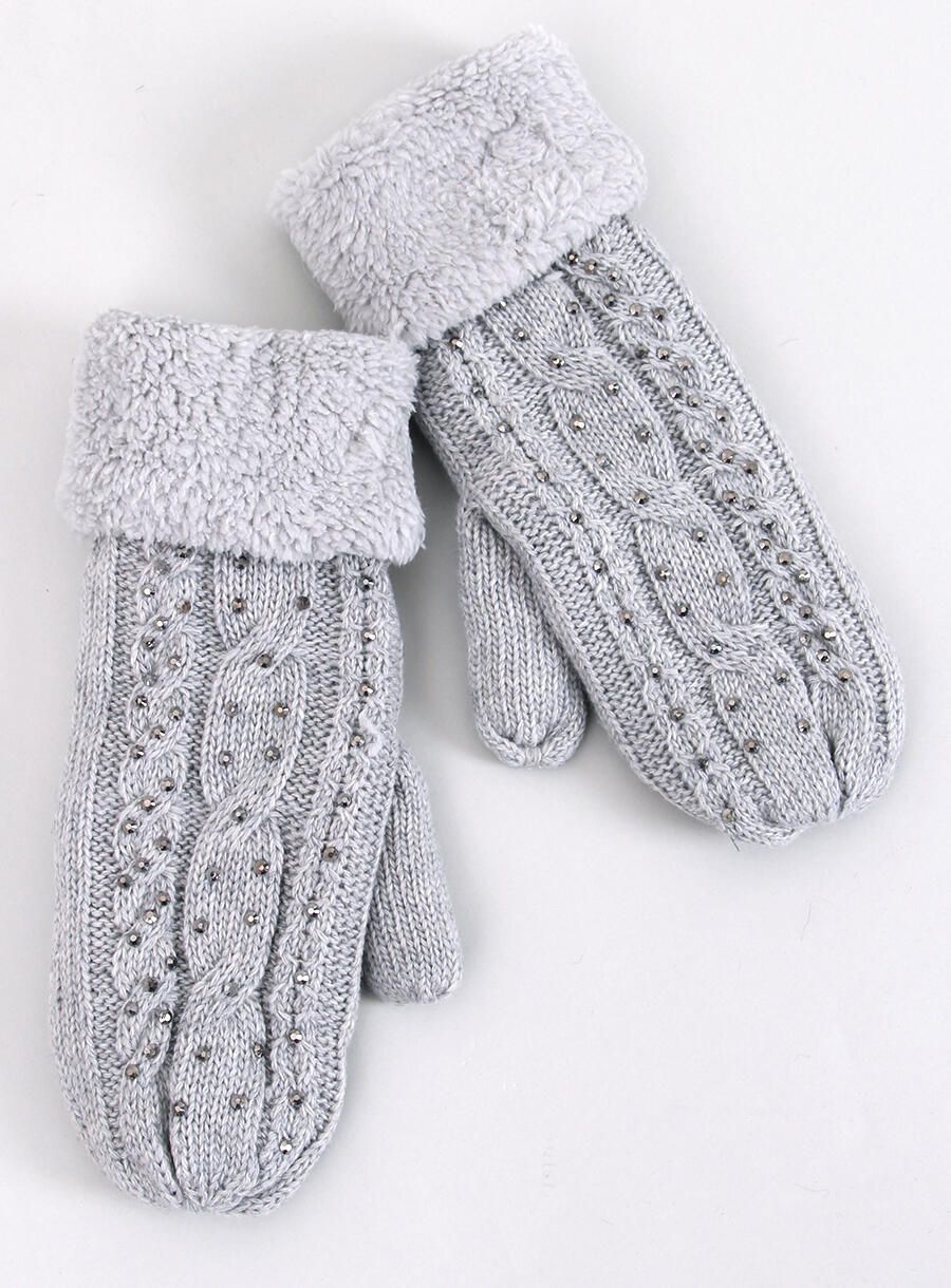 Decorated women's light grey gloves-mittens
