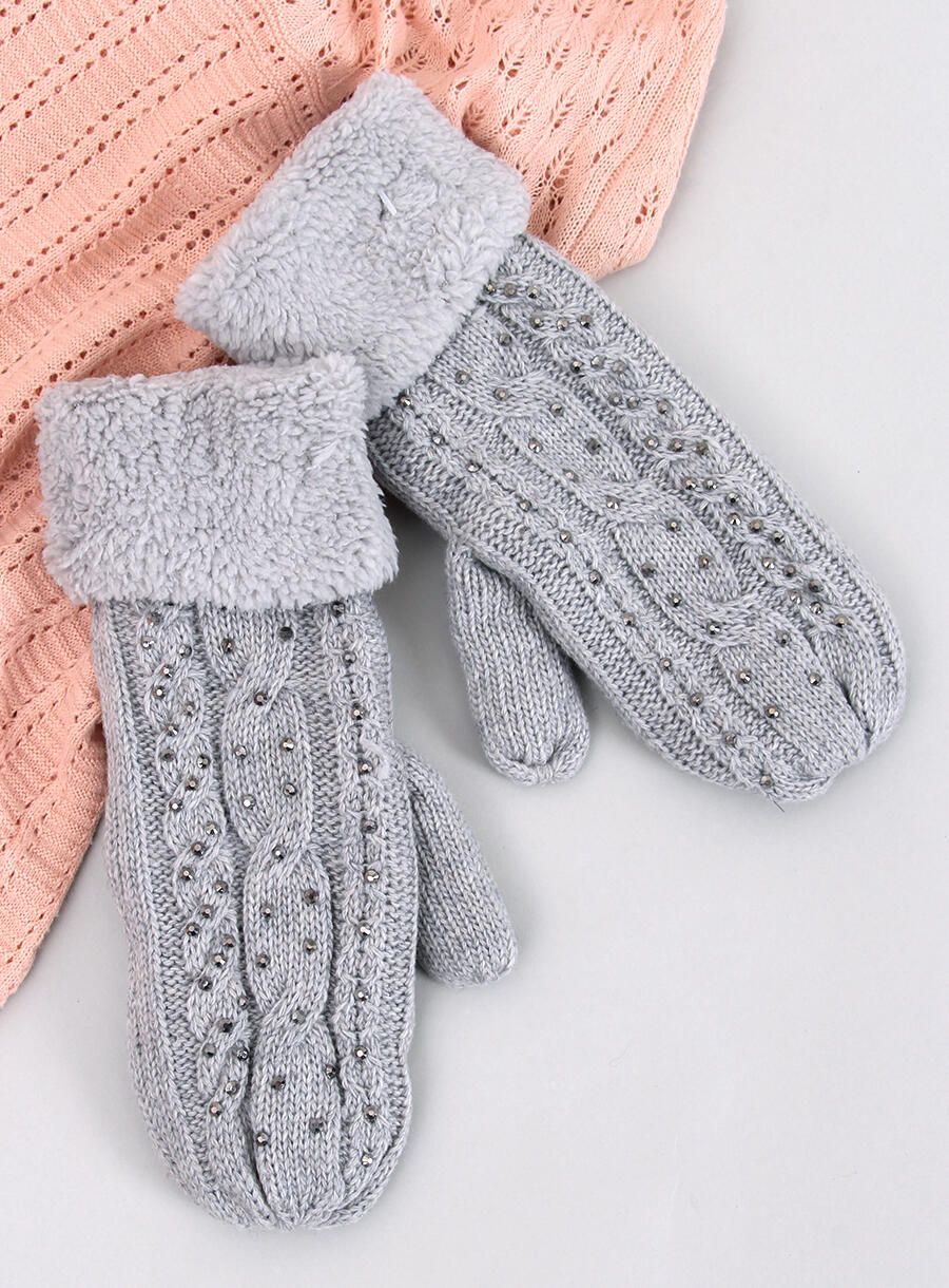 Decorated women's light grey gloves-mittens