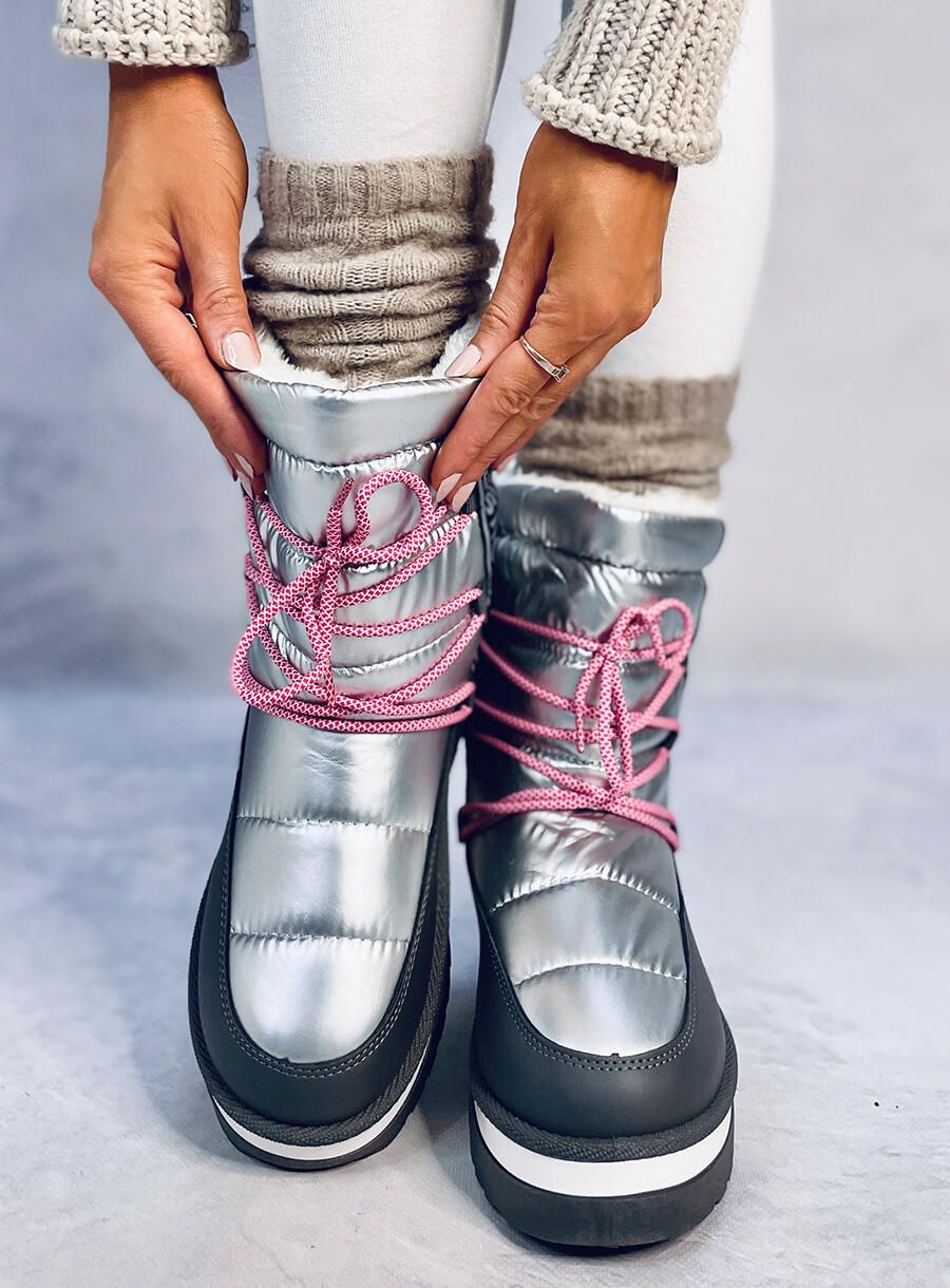 Winter snow boots with laces silver