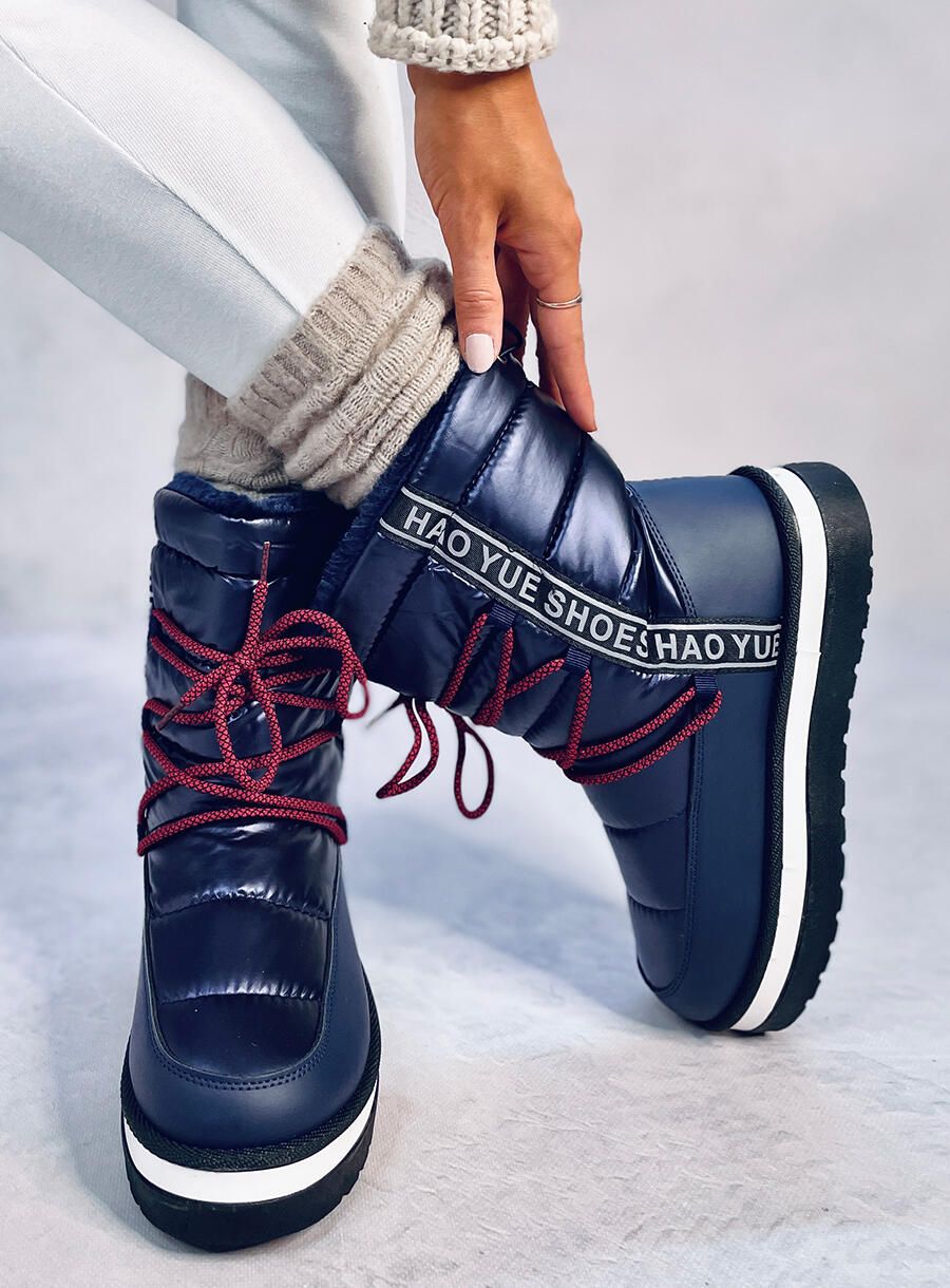 Winter snow boots with lacing dark blue
