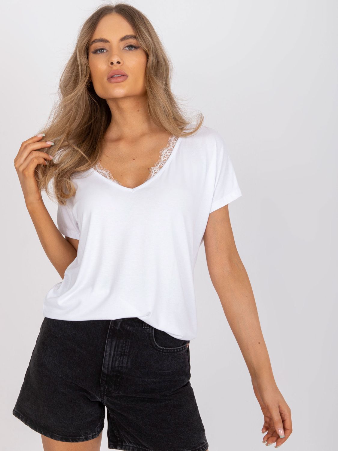 White Women's T-Shirt with V-Neck and Lace