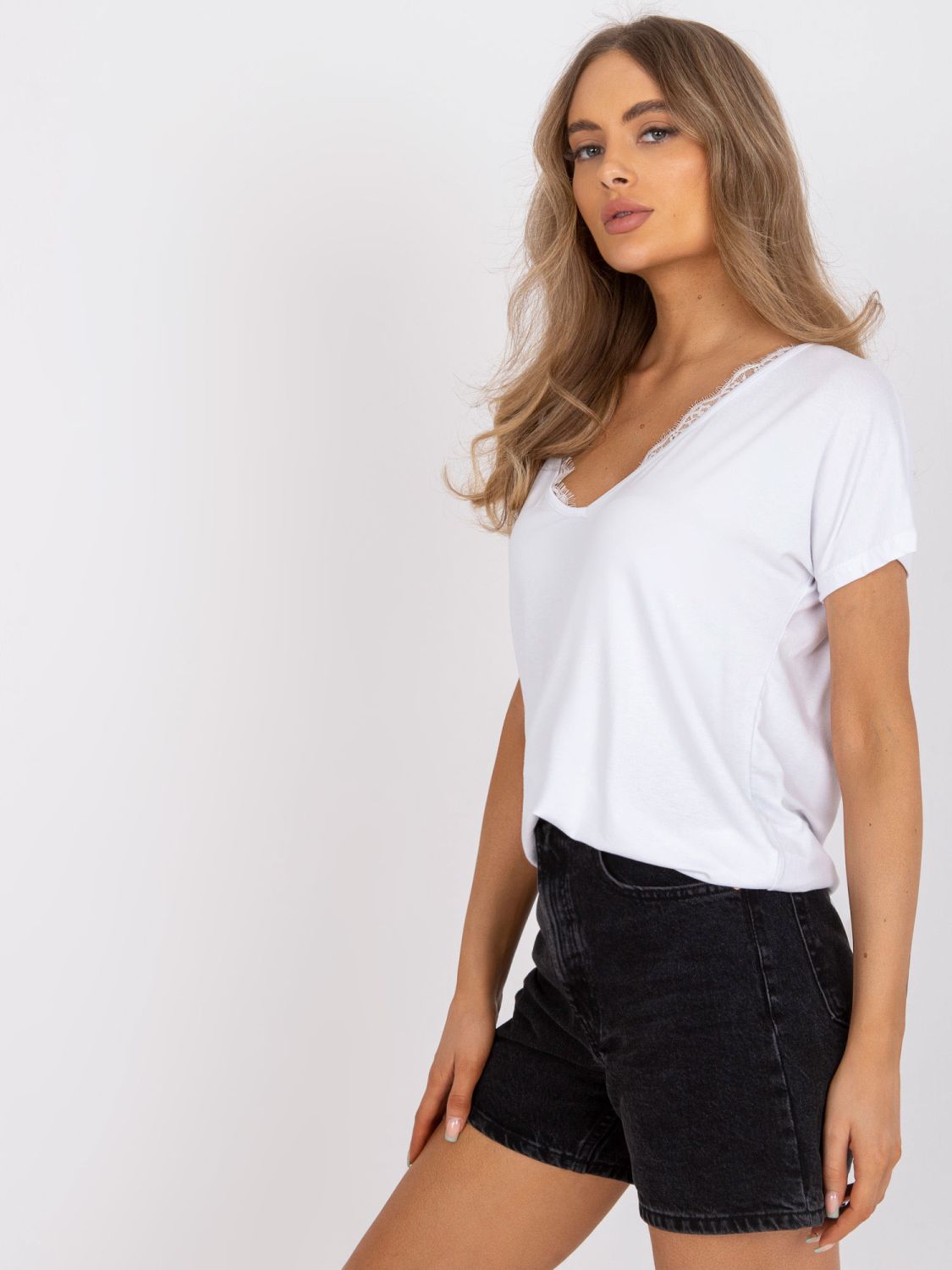 White Women's T-Shirt with V-Neck and Lace