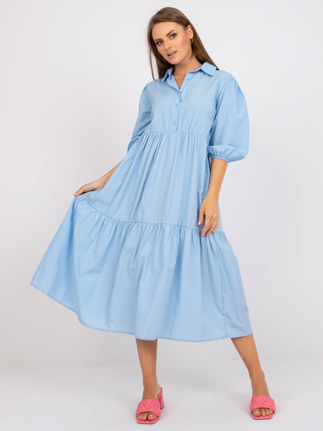 Flared Blue Dress with 3/4 Sleeves