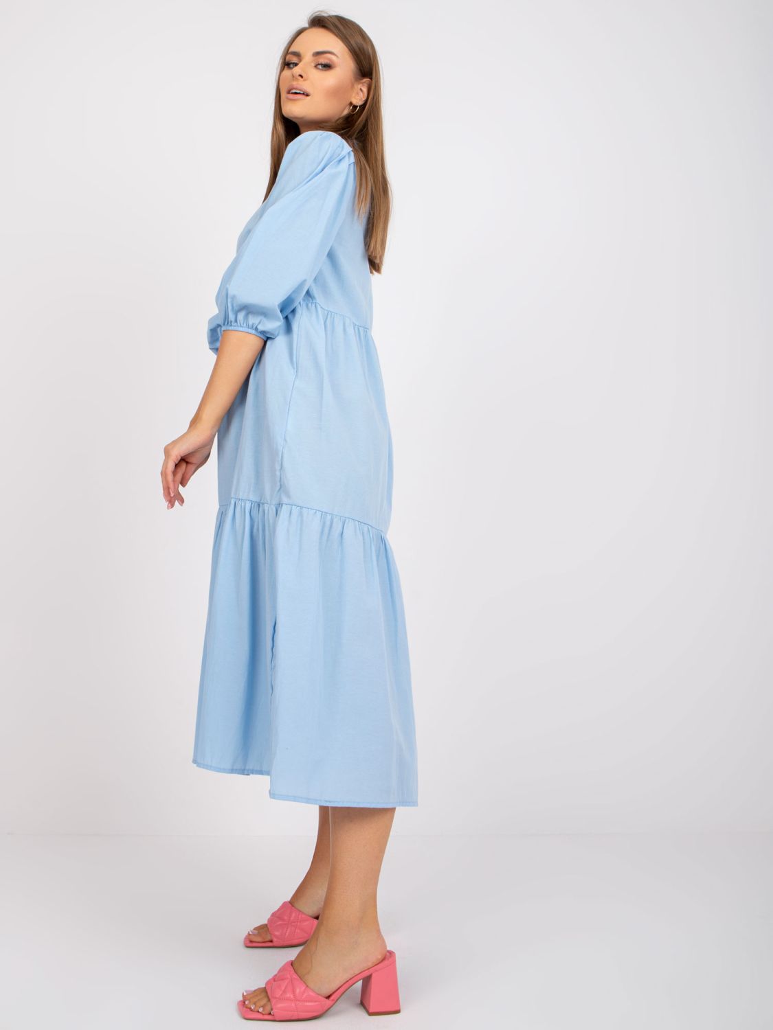 Flared Blue Dress with 3/4 Sleeves