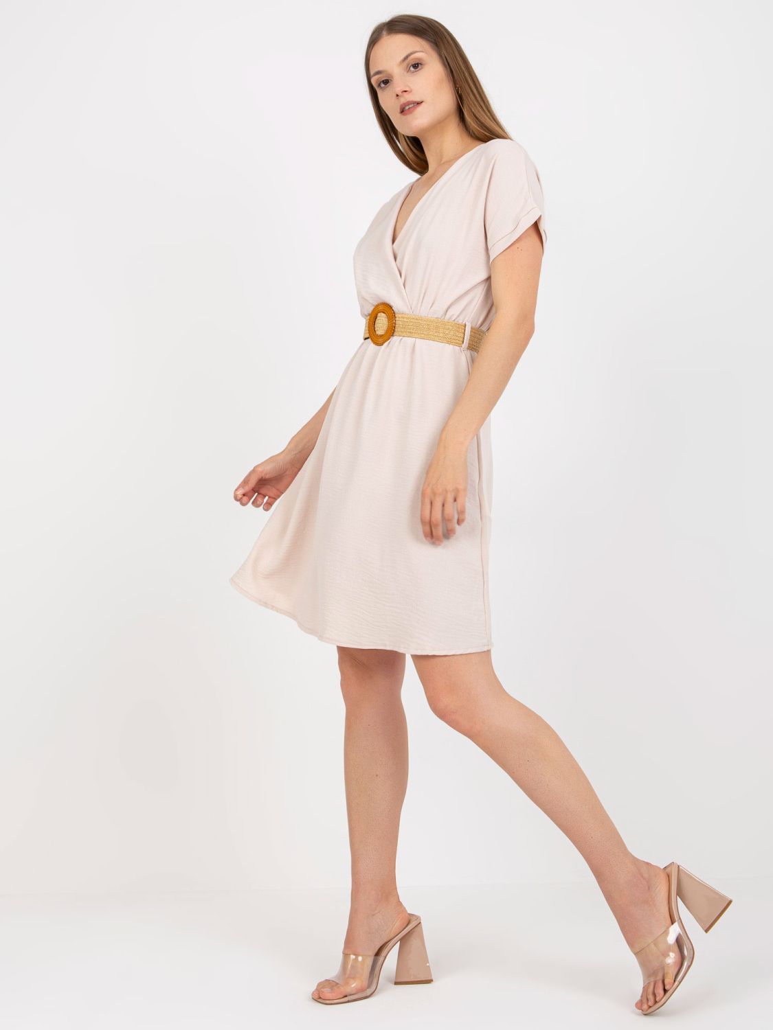 Stylish Beige Dress with Short Sleeves