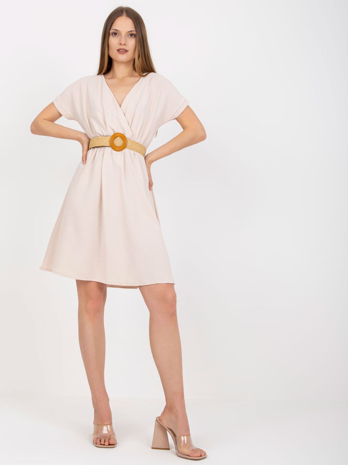 Stylish Beige Dress with Short Sleeves