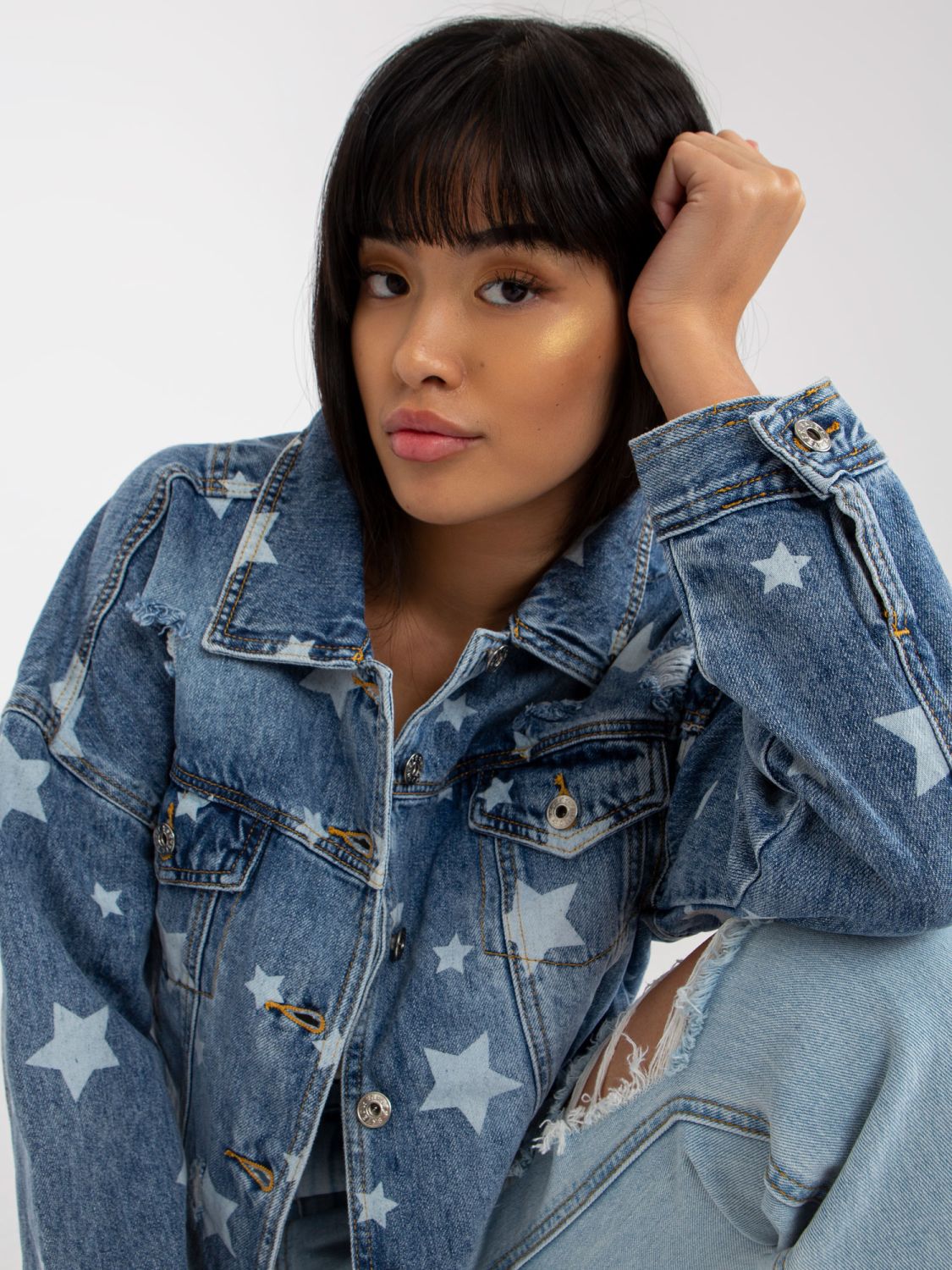 Blue Women's Denim Jacket with Print and Holes