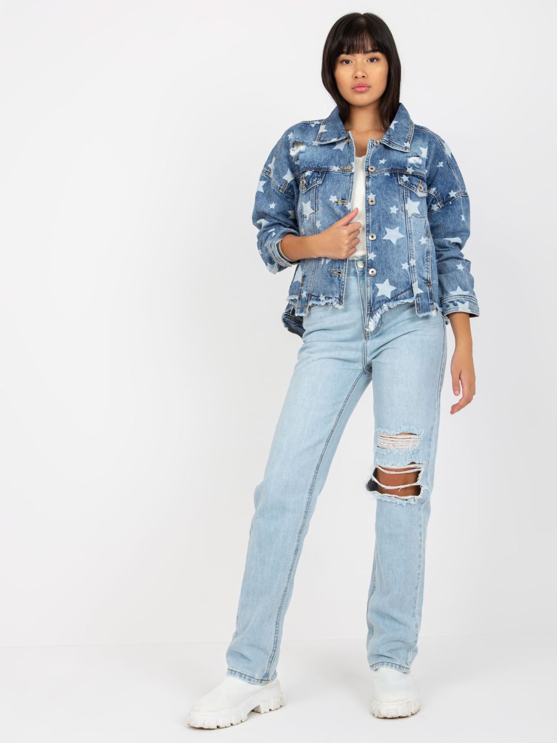 Blue Women's Denim Jacket with Print and Holes
