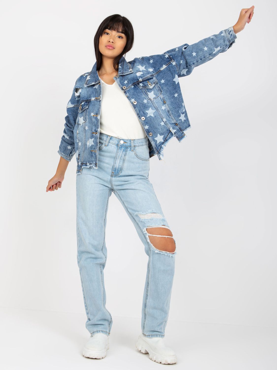 Blue Women's Denim Jacket with Print and Holes