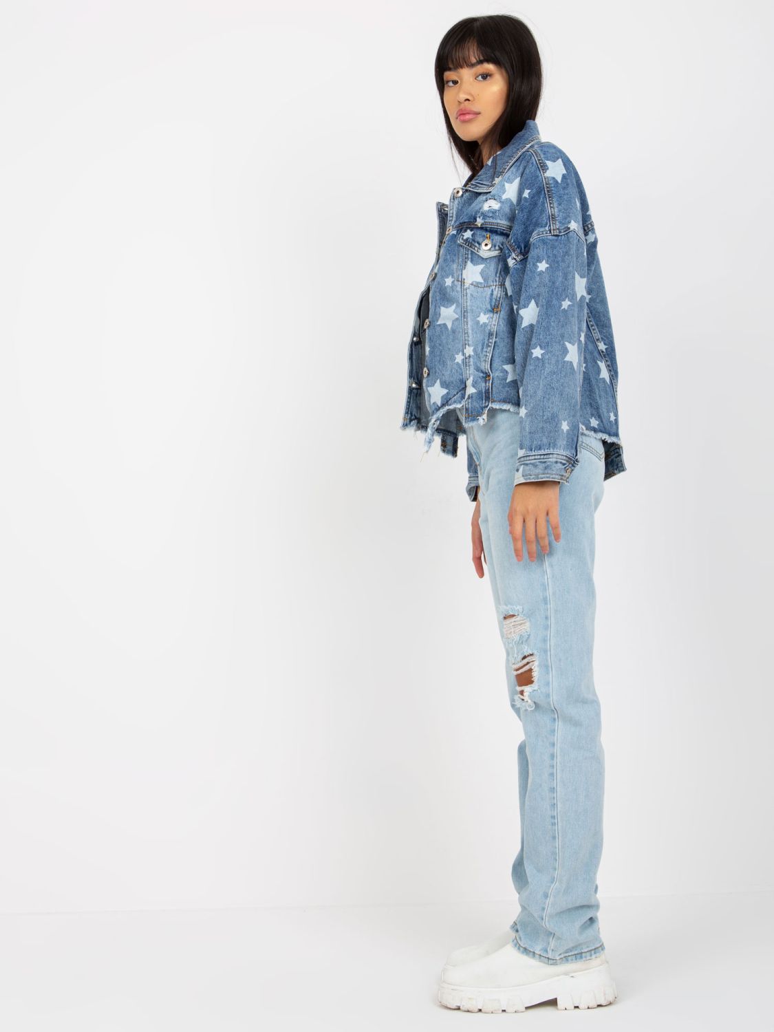 Blue Women's Denim Jacket with Print and Holes