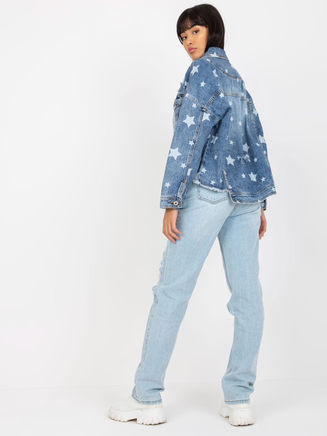 Blue Women's Denim Jacket with Print and Holes