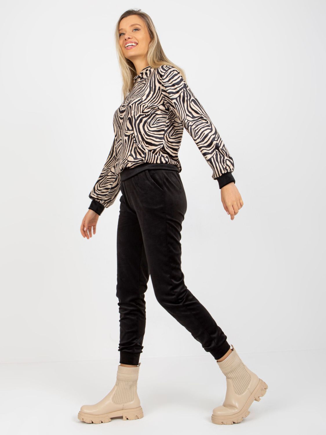 Beige-Black Velour Set with Leopard Print Hoodie RUE PARIS