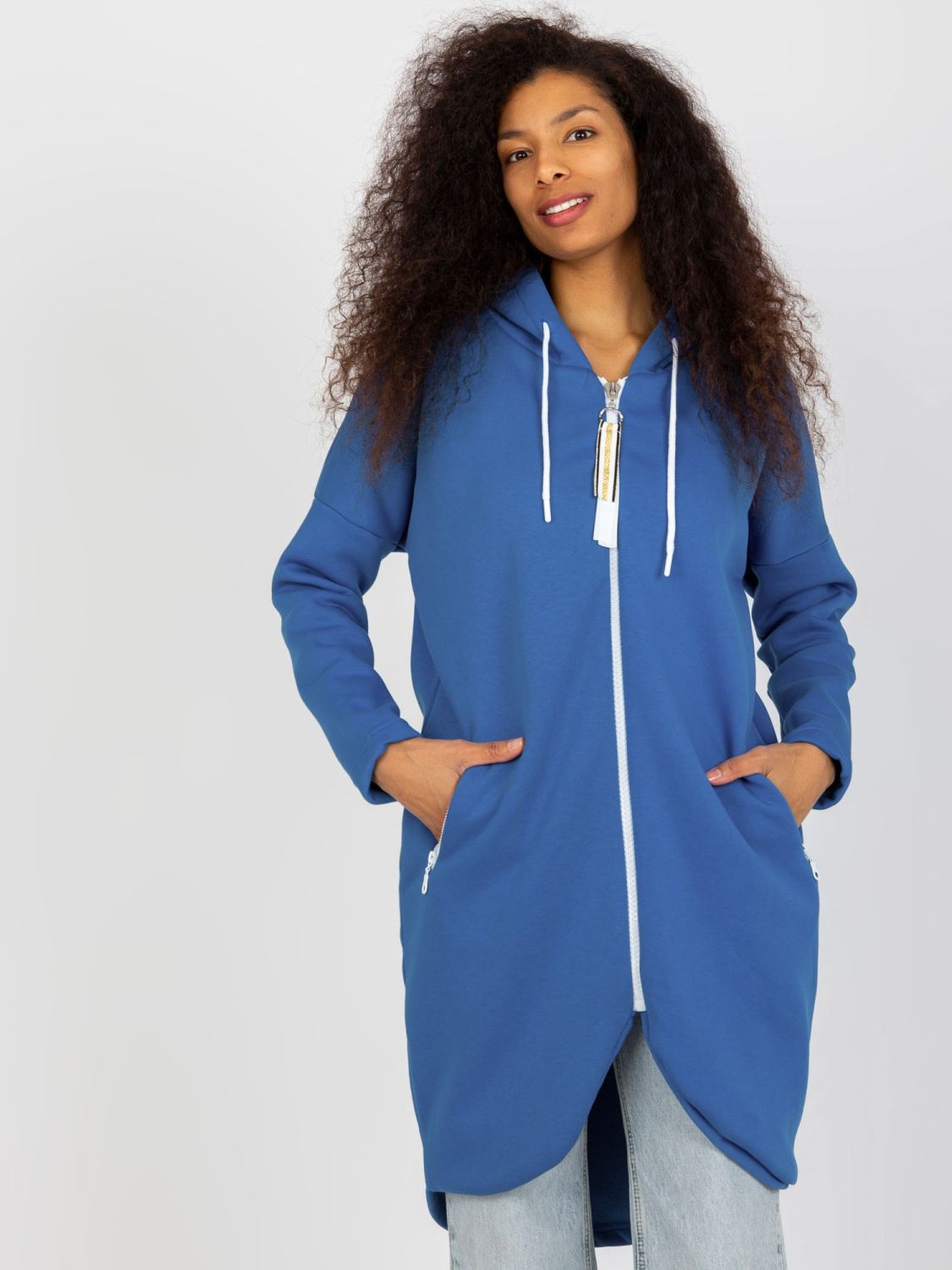 Dark Blue Long Basic Hoodie with Pockets Stunning