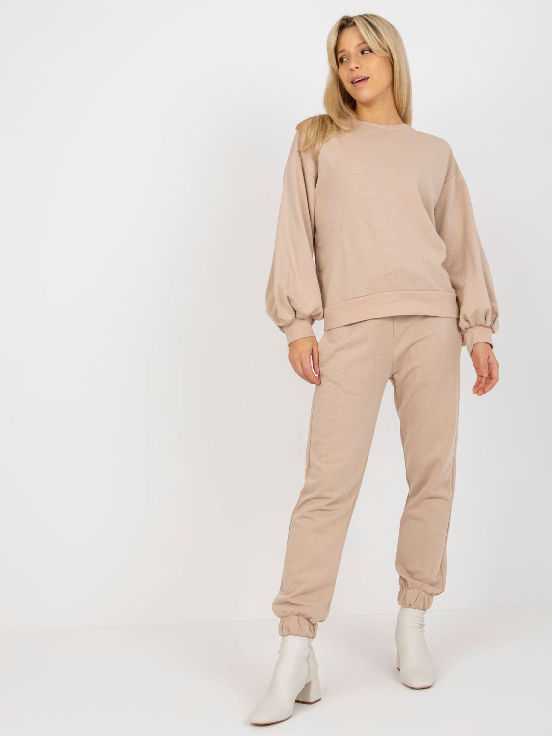 Beige Casual Set with Wide Sleeve Hoodie