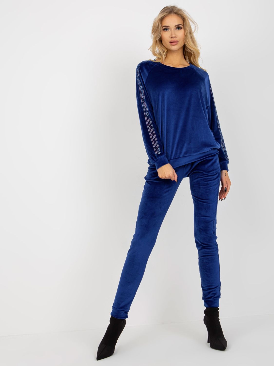 Cobalt Blue Women's Velour Set with Rhinestone Application