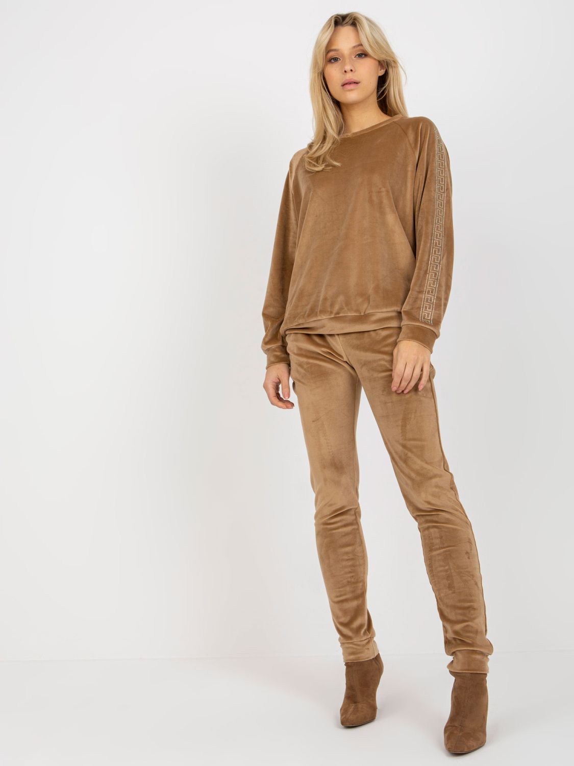 Camel Velour Set with Rhinestone Application
