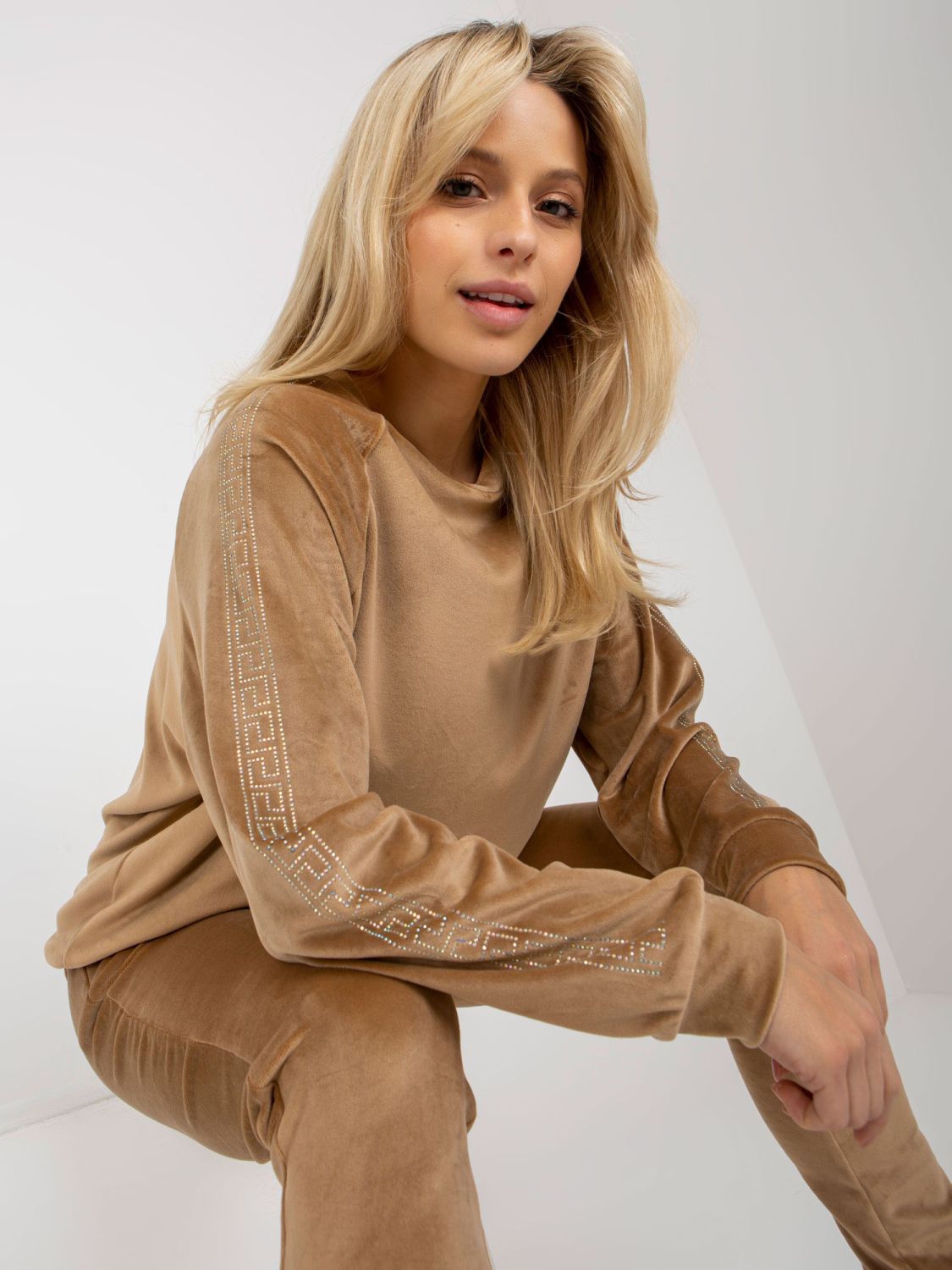 Camel Velour Set with Rhinestone Application