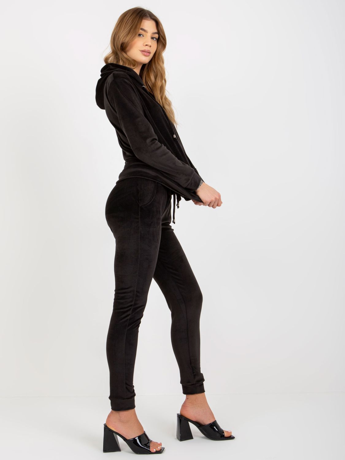 Black Women's Velour Set with Pants and Hoodie