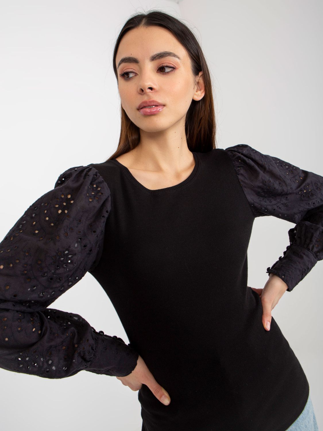 Black Striped Elegant Blouse with Lace Sleeves OCH BELLA
