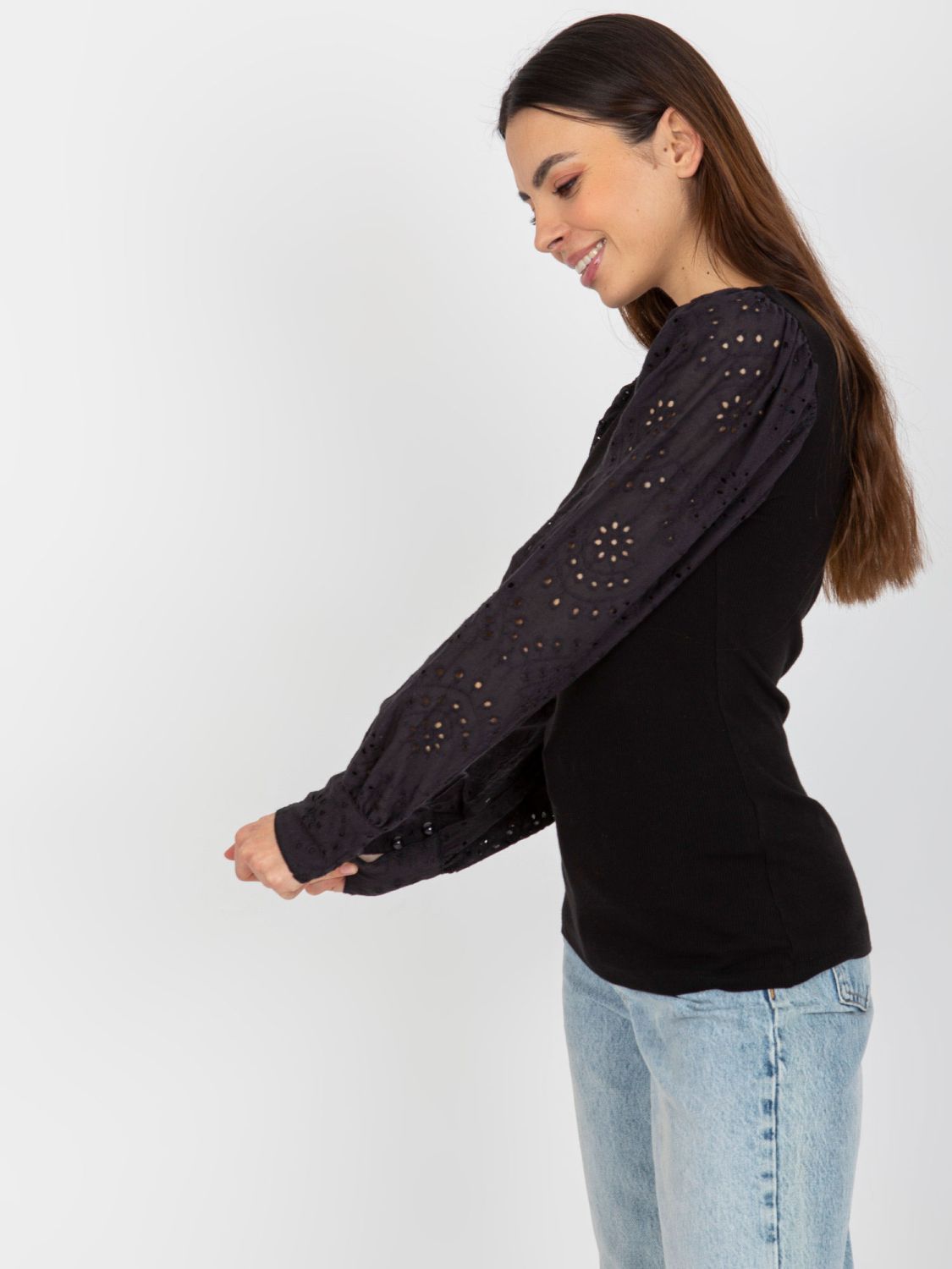 Black Striped Elegant Blouse with Lace Sleeves OCH BELLA