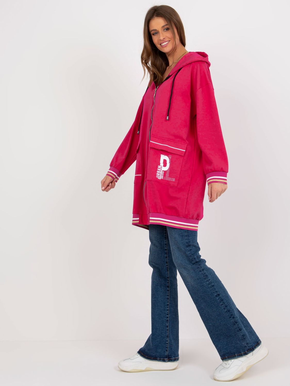 Pink Long Zip-Up Hoodie with Prints and Application