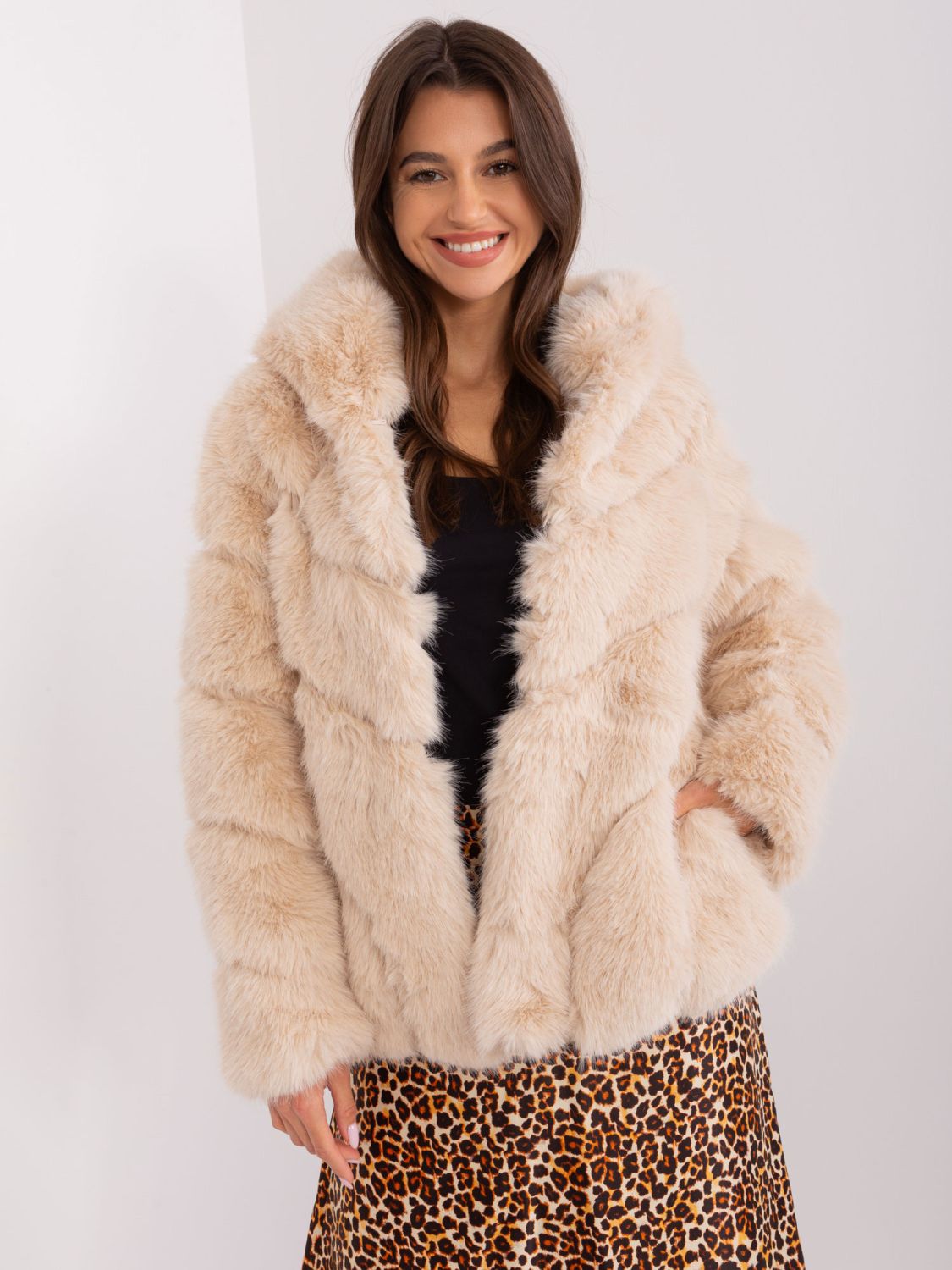 Beige Transitional Fur Jacket with Lining