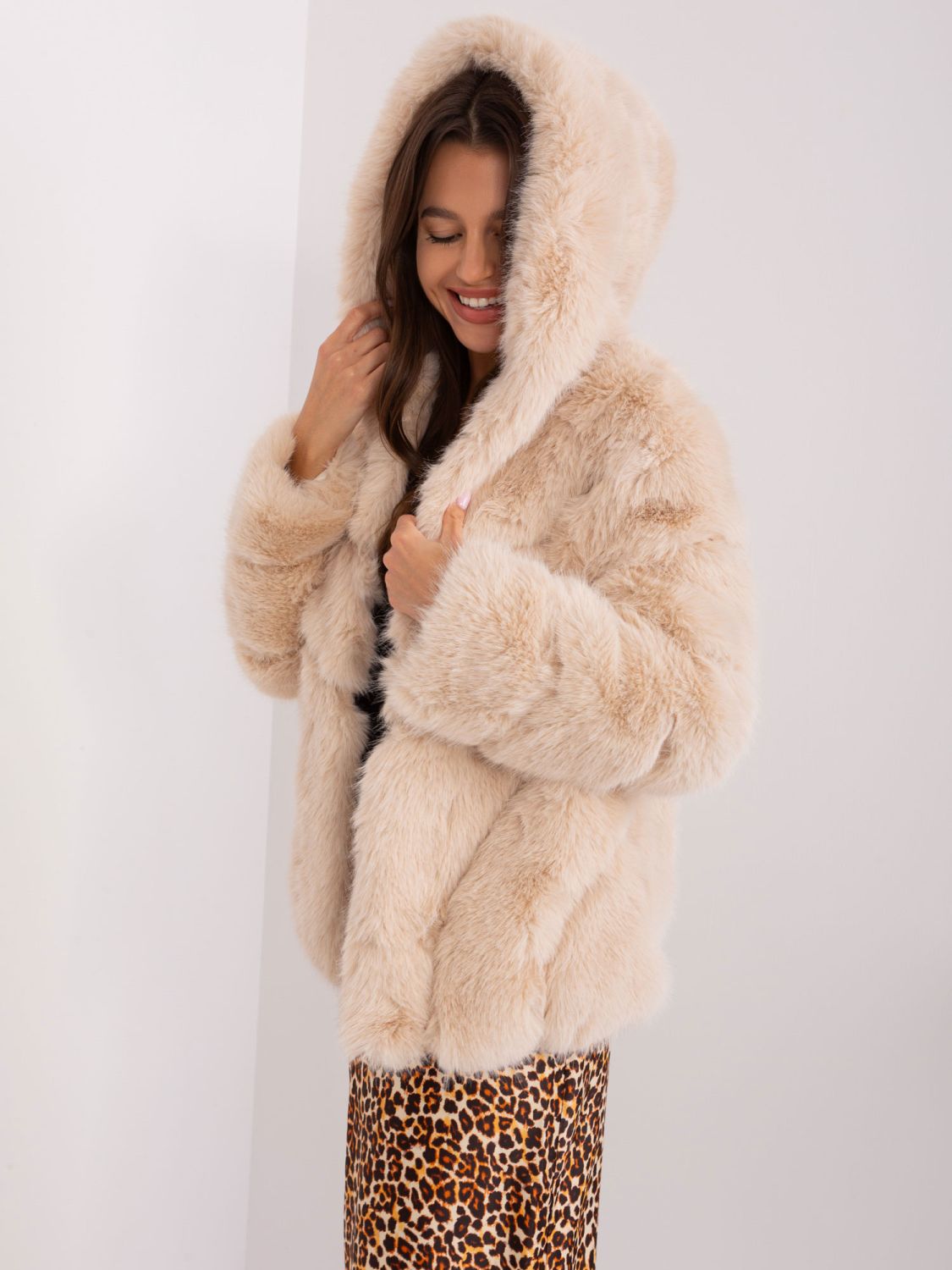 Beige Transitional Fur Jacket with Lining