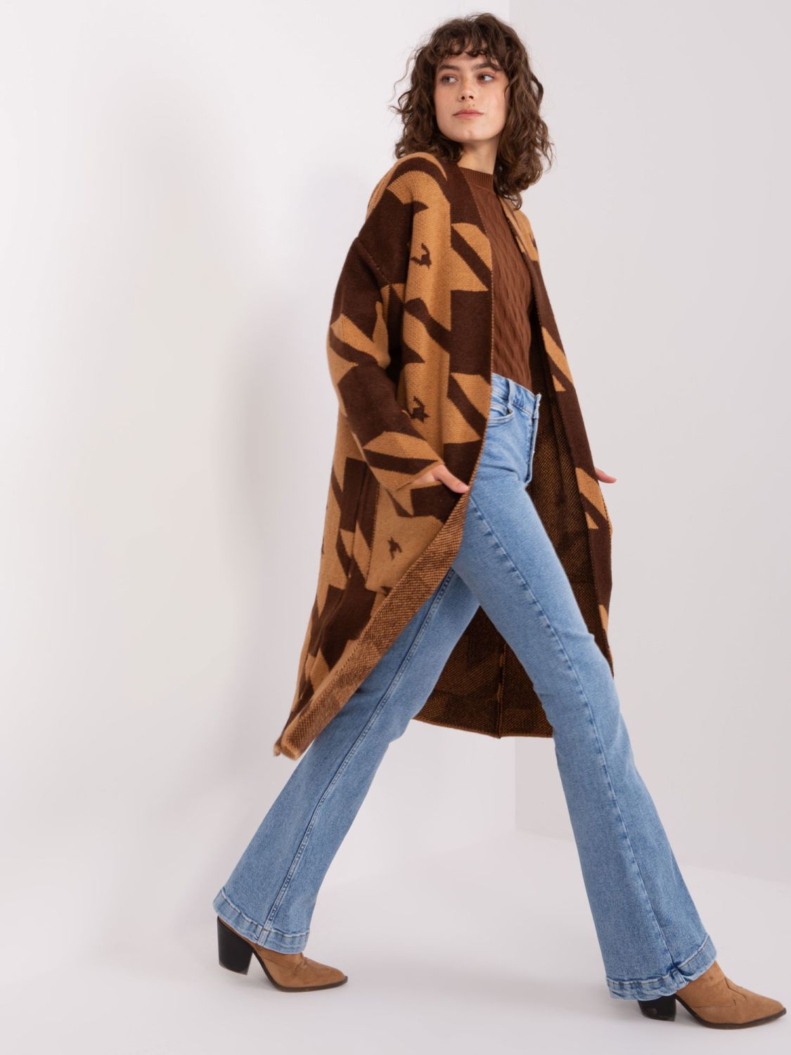 Camel Brown Women's Geometric Pattern Cardigan