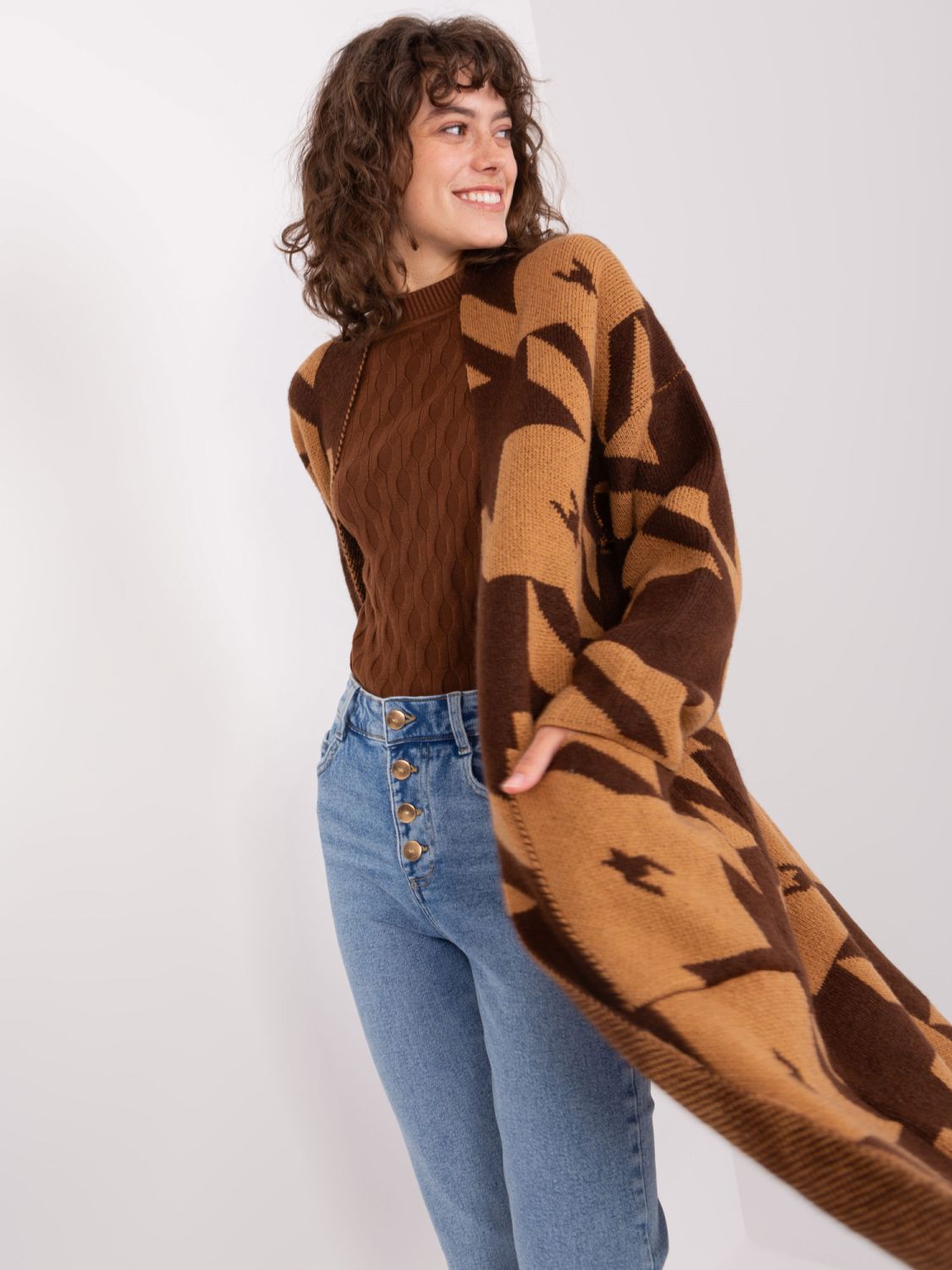 Camel Brown Women's Geometric Pattern Cardigan