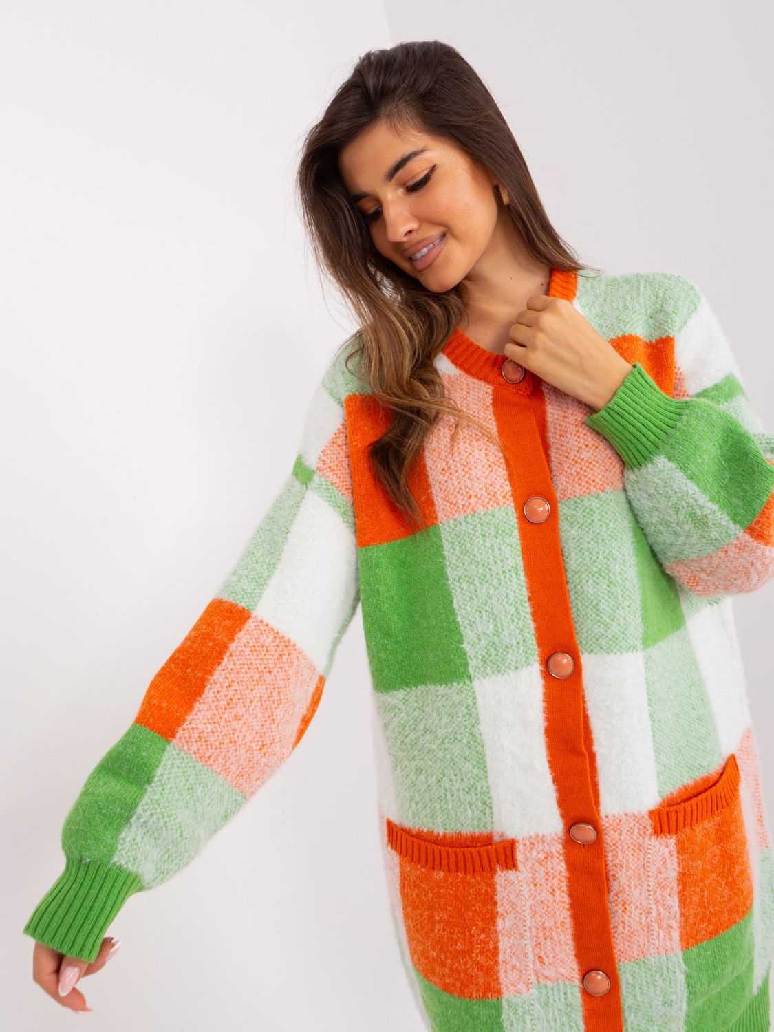 Orange and Green Checked Cardigan