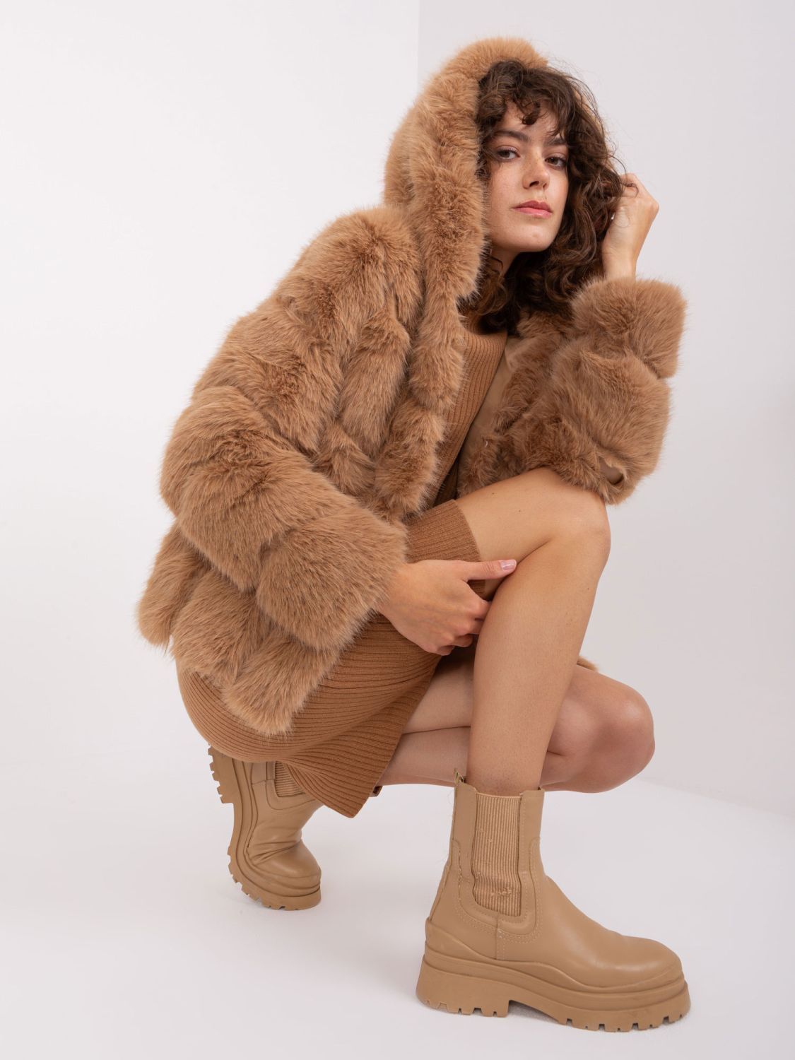 Camel Fur Transitional Jacket with Hood