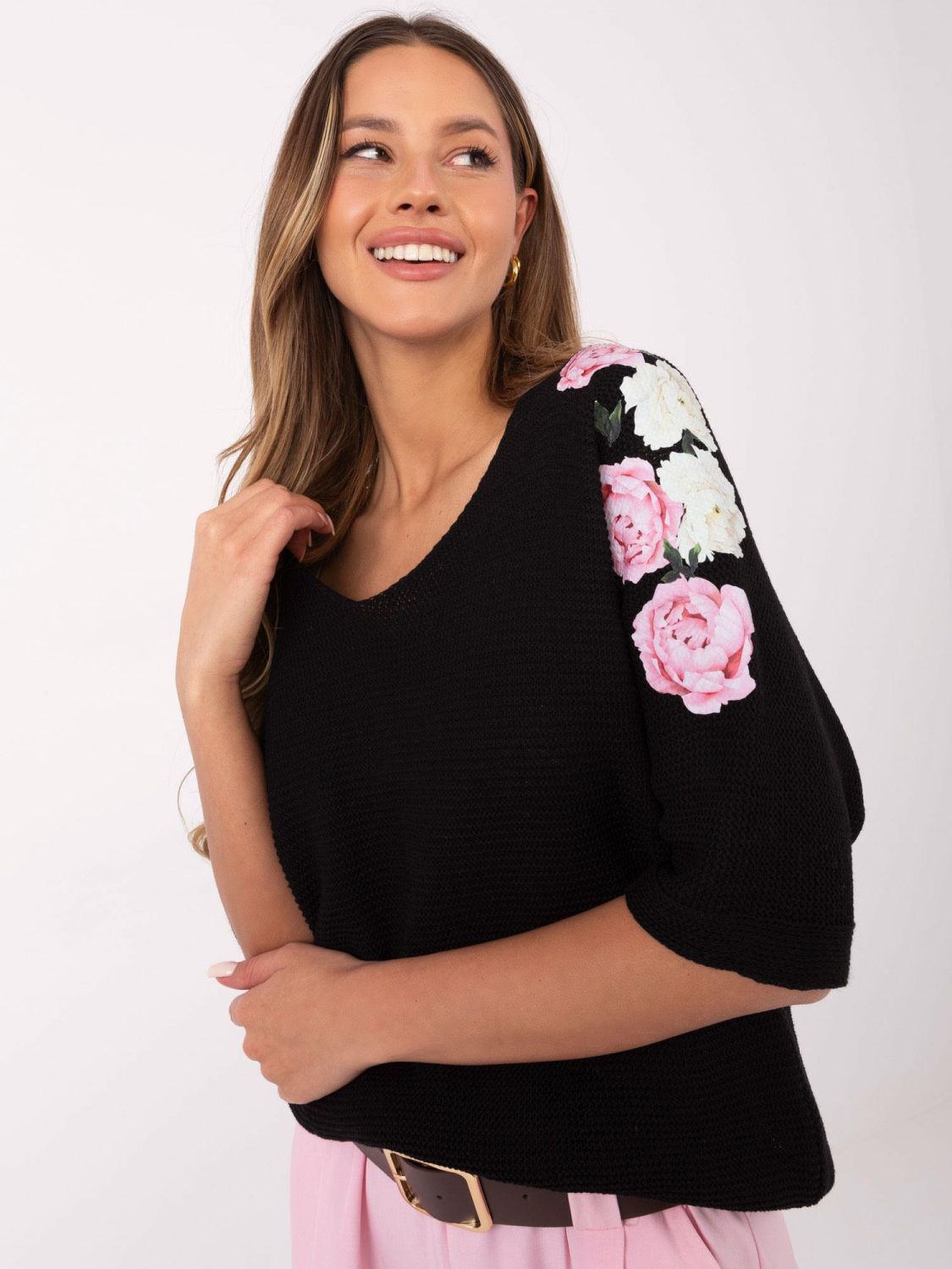 Black Floral Sweater with 3/4 Sleeves